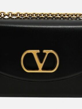 Valentino Black Leather Crossbody with Gold V-Logo and Chain